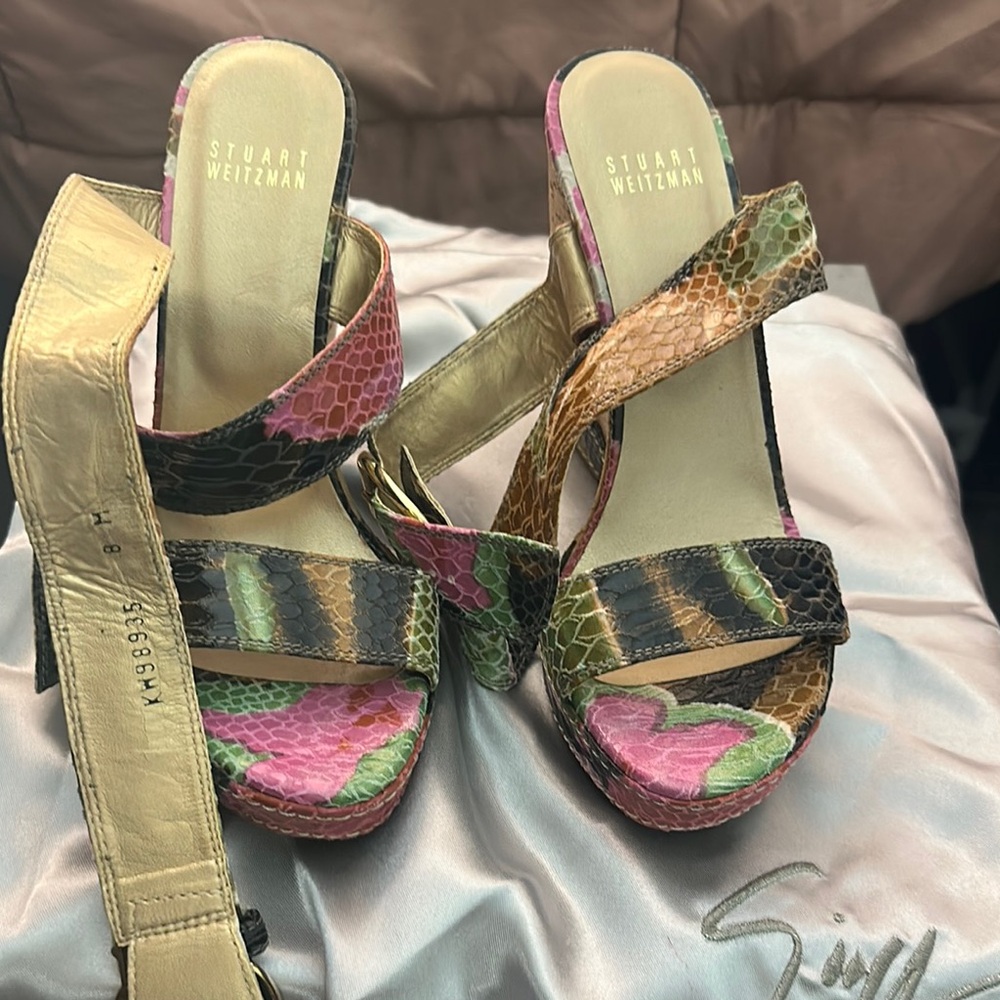 Stuart Weitzman Pink and Green Heels with Metallic Finish